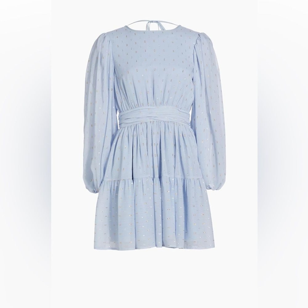 LDT Alex Michael Toccin Blue‎ Metallic Clip Dot Puff Sleeve Mini Dress New